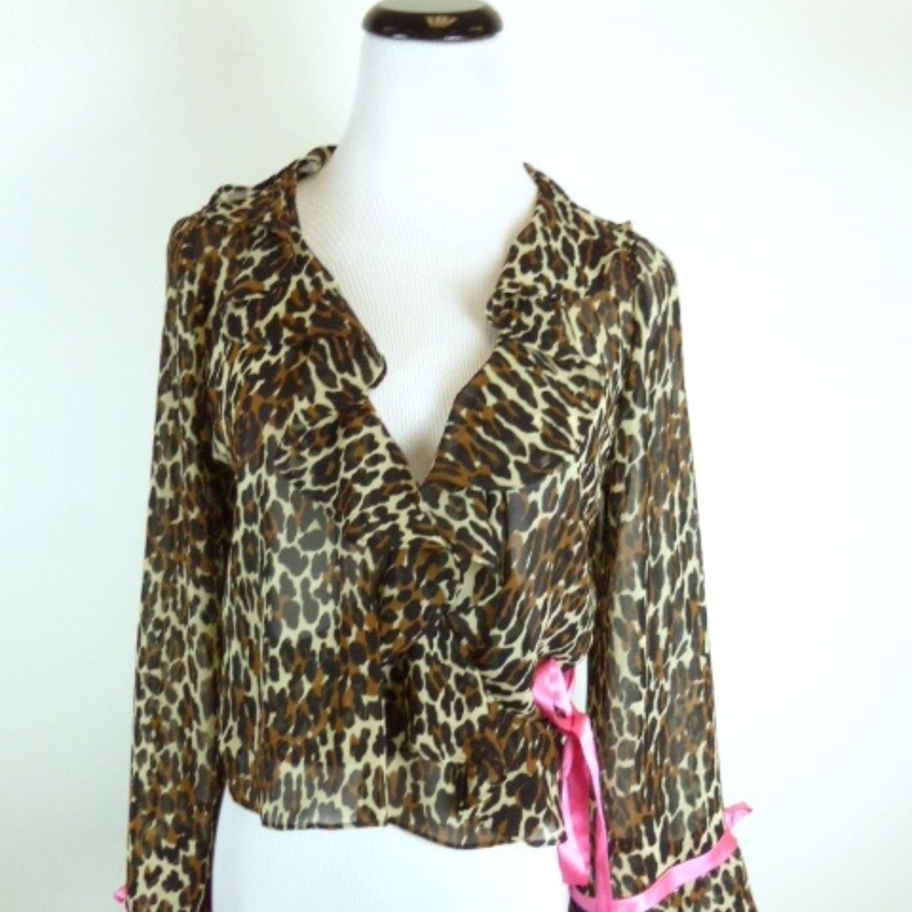 BETSEY JOHNSON INTIMATES sheer LEOPARD WRAP jacket Top M L